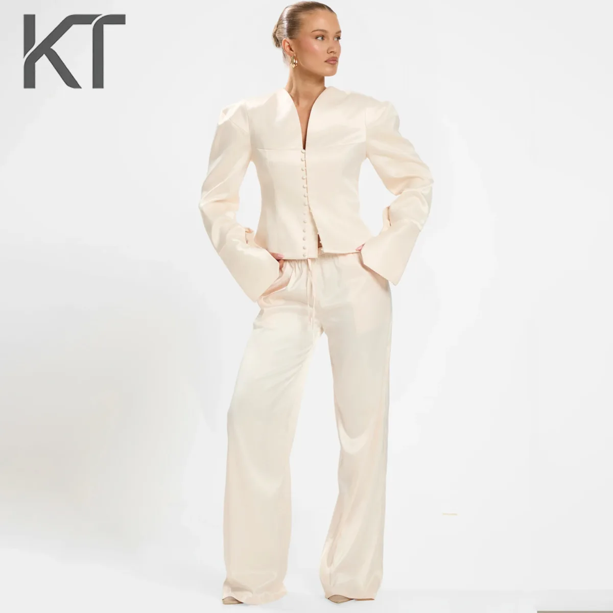 

KT Luxury Satin Two Piece Set For Women V Neck Padded Shoulder Button Blazer & High Waist Wide Leg Pants Office Evening Suits