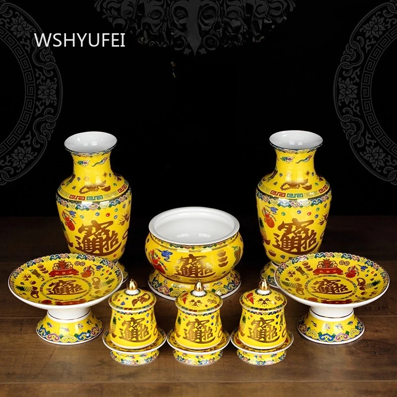 Wealth and Treasure Offering Set Ceramic Incense Burner Dedicated To The God of Wealth, Guanyin, and Immortal Family