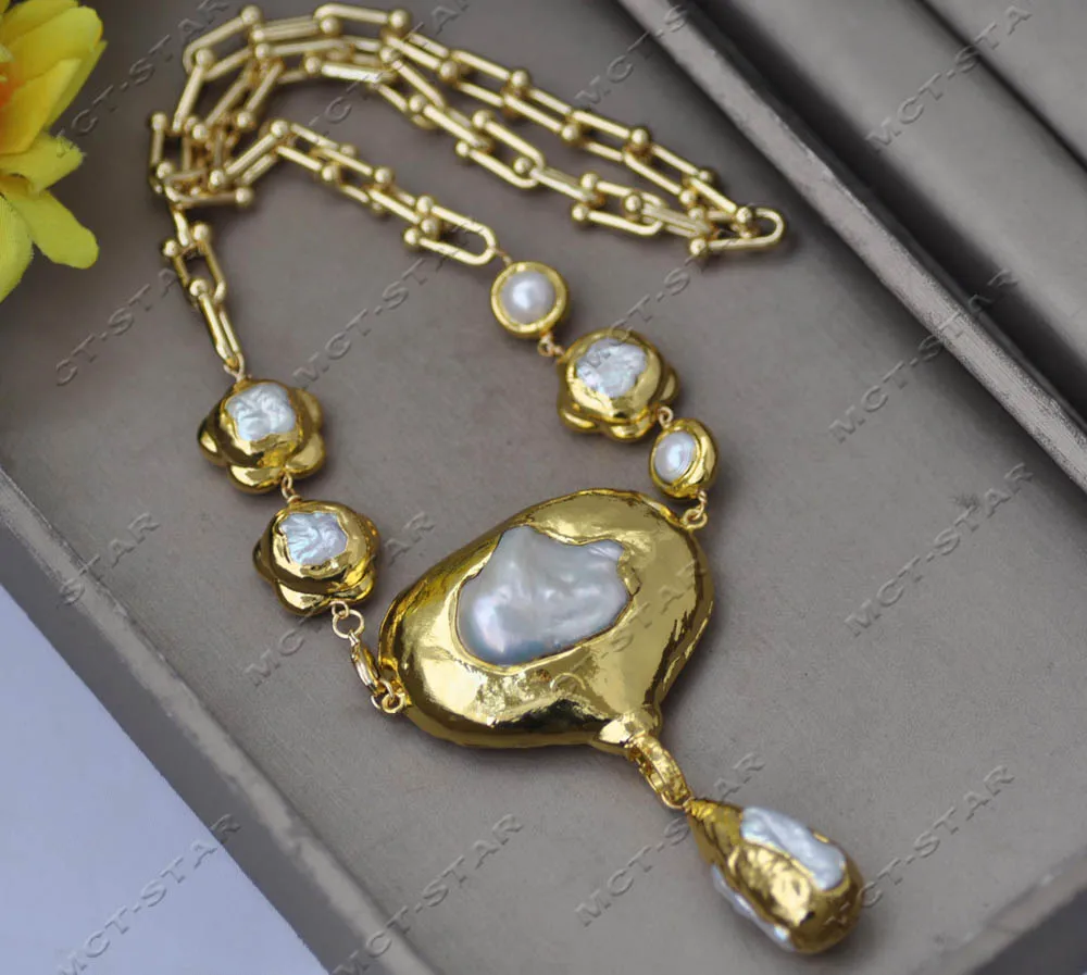 

Z13537 21" 50mm White Cultured Keshi Flower Pearl Chain Necklace Big Pearl Pendant Custom Jewelry