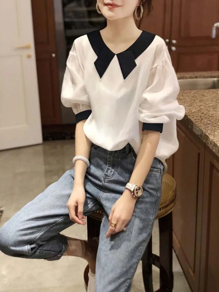 2024 Summer Blouse Women Clothes Short Sleeve Contrast Color All Match Temperament Shirts Blouses Vintage Tops Camisas De Mujer