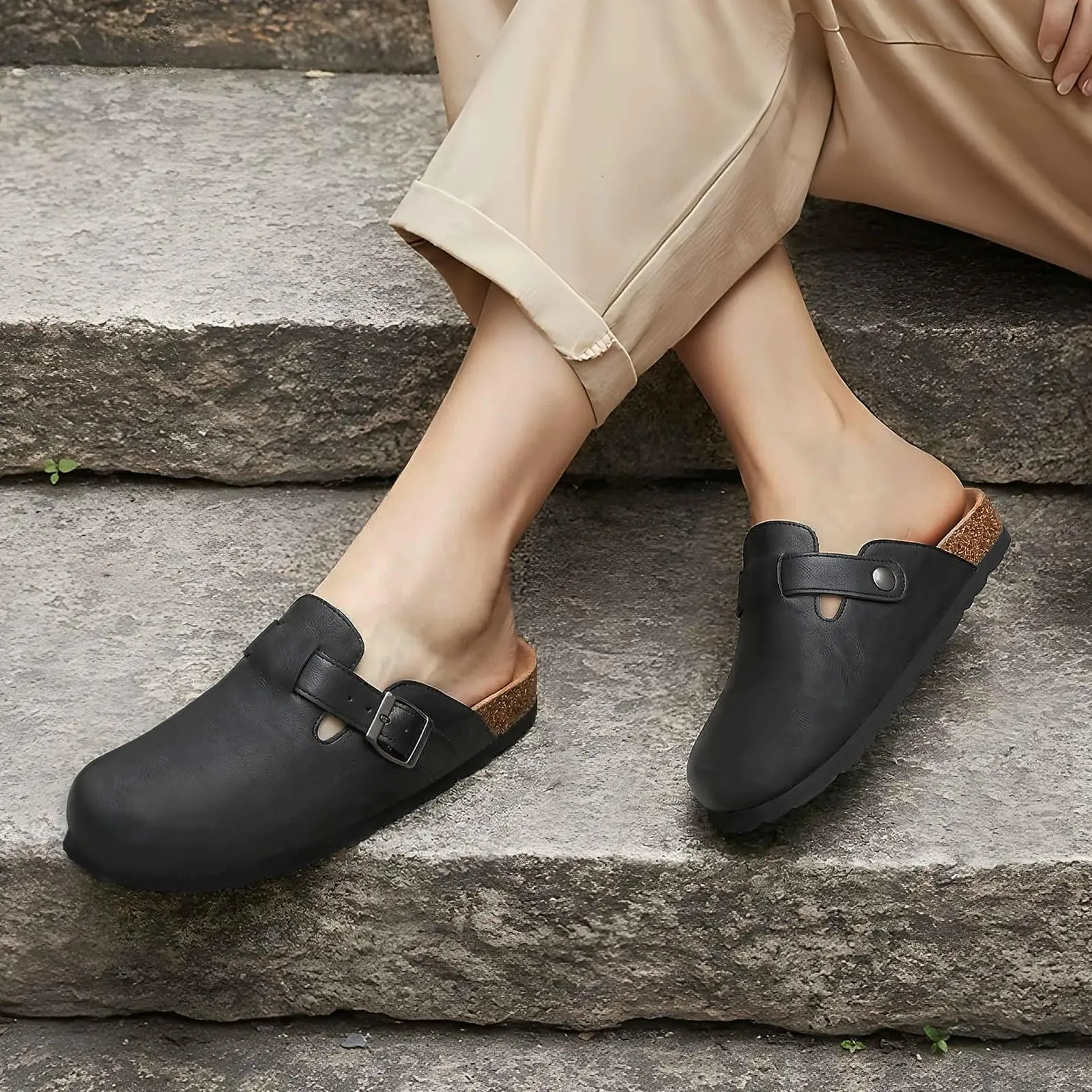 Litfun Zuecos con Plantilla de Corcho, Mules de Cuero Vegano, Pantuflas Cómodas Antideslizantes con Suela de Corcho y Soporte de Arco, Zapatos Tipo Zueco para Exteriores