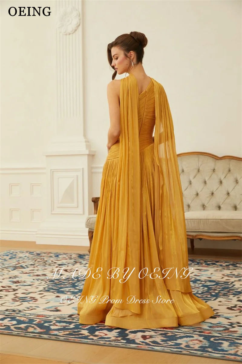 Oeing simples a linha vestidos de noite dourados um ombro sem mangas plissados vestido formal drapeado maxi vestidos de gala personalizados