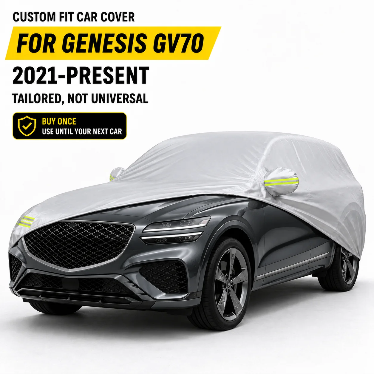 For Genesis GV70 2021-Present Custom Fit Full Car Cover Durable Silver Coated Fabric Side Zipper Access UV Sun Dust Protection