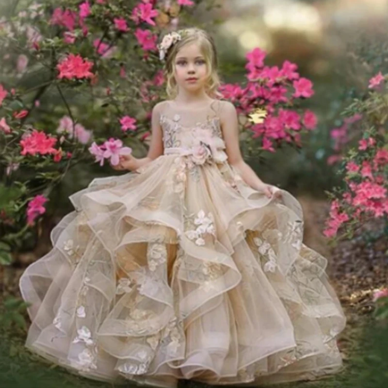 Champagne Tiered Tulle Applique Vestidos com Bow Belt para Meninas, Sem Mangas, Casamento, Sagrada Comunhão, Vestidos De Aniversário, Flower Girl