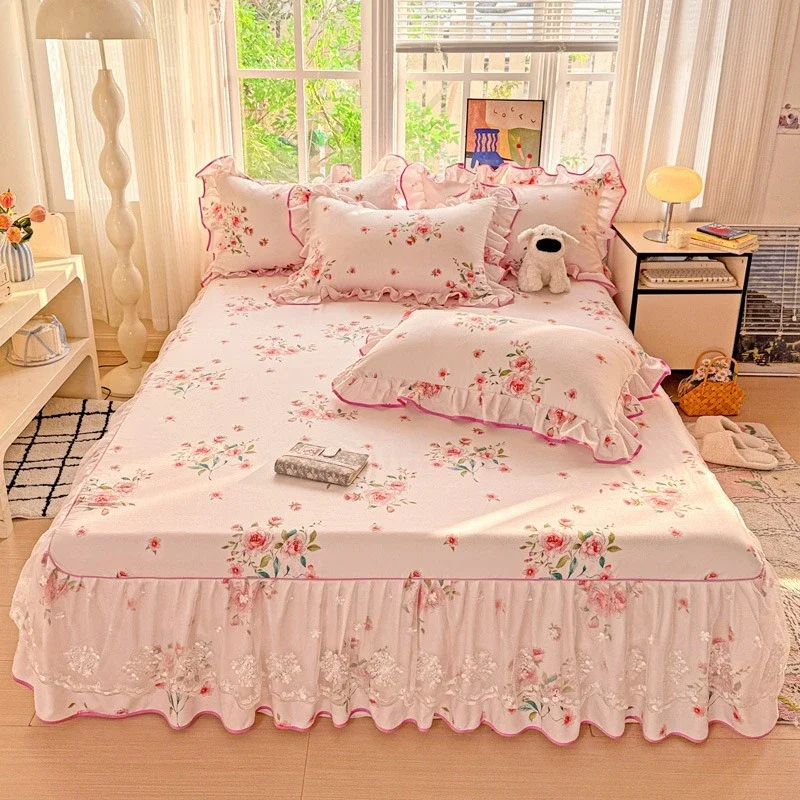 Floral Lace Edge Bed Skirts Thickened Anti Slip Bed Cover Fully Wrapped Dust-proof Bed Apron 1.5/1.8/2m Soft Brushed Dust Ruffle