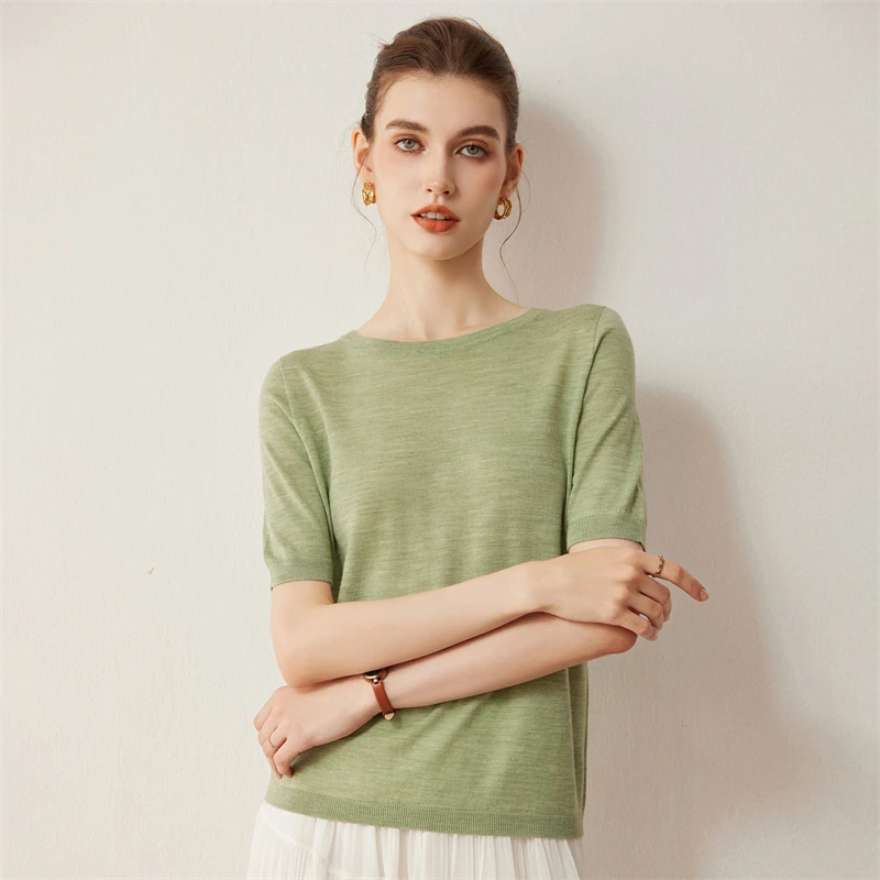 春秋の新作レディーススリムプルオーバー伸縮性100%羊毛セーターOネック半袖梳毛ウールニット通気性トップス