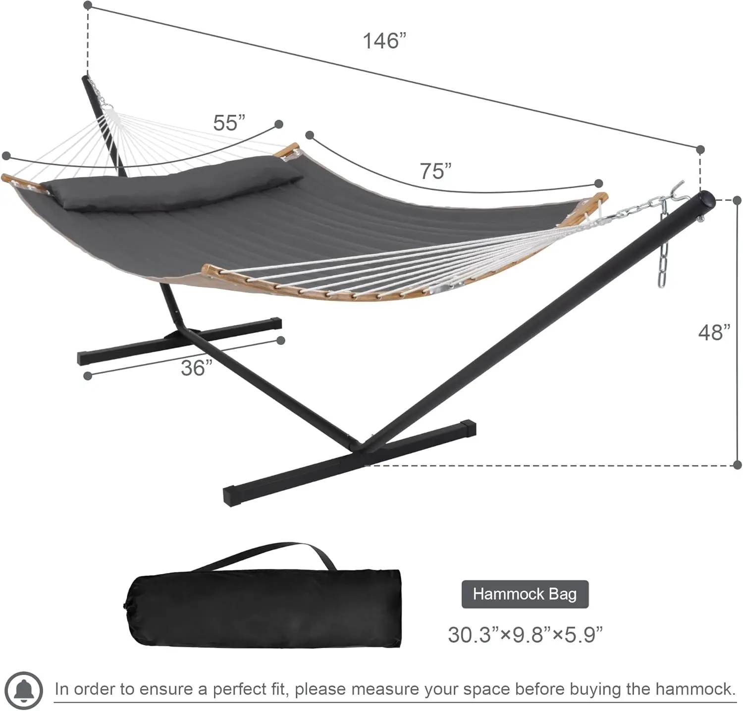 Hamaca de 55 pulgadas con soporte, hamaca resistente con soporte incluido, hamaca para dos personas con barra esparcidora curvada