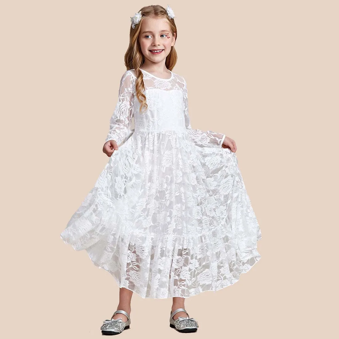 YZYmanualroom Elegant Lace Long-Sleeve Flower Girl Dress with Round Neckline 2-15T