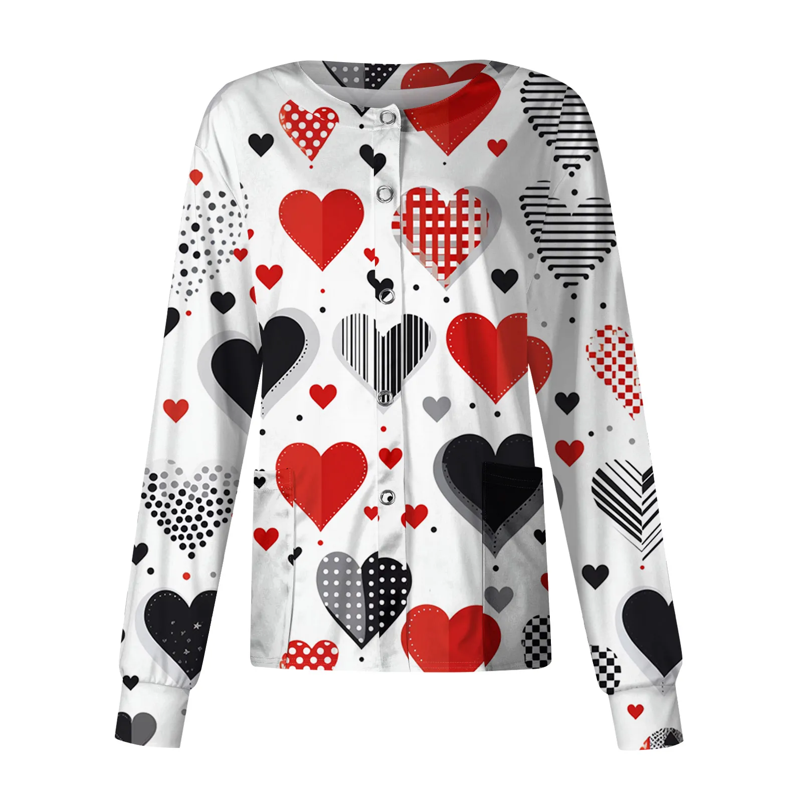 女性用カジュアル長袖シングルブレストバレンタインデープリントユニフォームトップ、医療ユニフォーム、歯科手術ユニフォーム