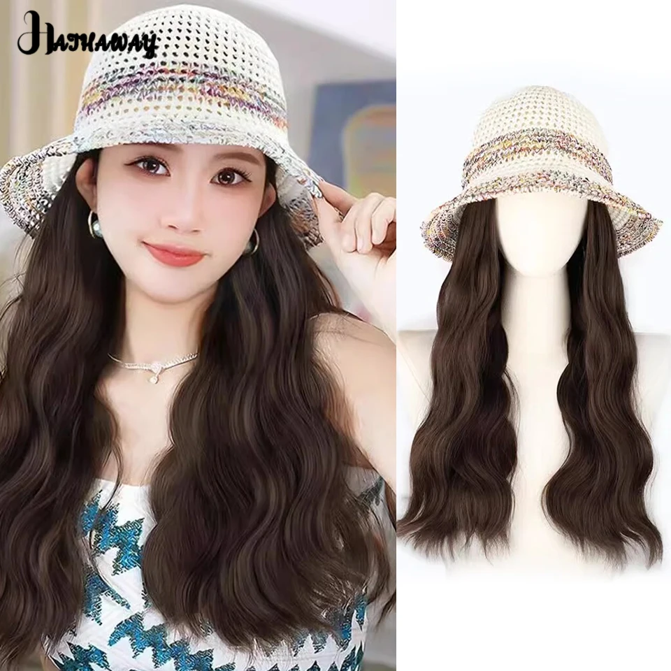 Sombrero de pescador tejido de arcoíris sintético para mujer, peluca hueca de cabello rizado, playa, vacaciones, uso diario, ambiente de verano