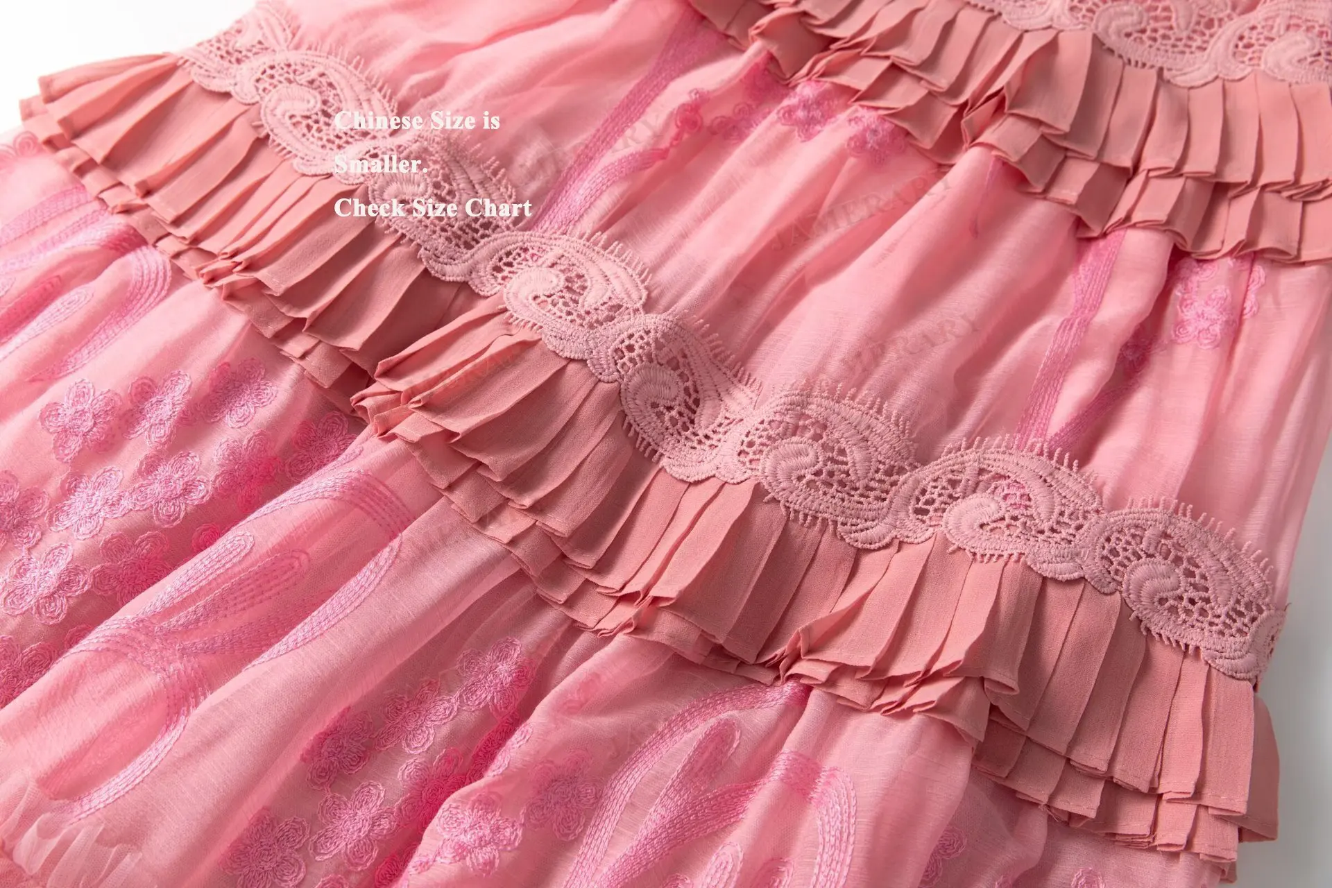 ชุดเดรสยาวปักลายสีชมพูสำหรับฤดูร้อนและฤดูใบไม้ร่วง แขนระบายทรงหางปลา ชุดเดรสทรงเค้กสำหรับผู้หญิง งานปาร์ตี้ งานพรอม งานราตรี