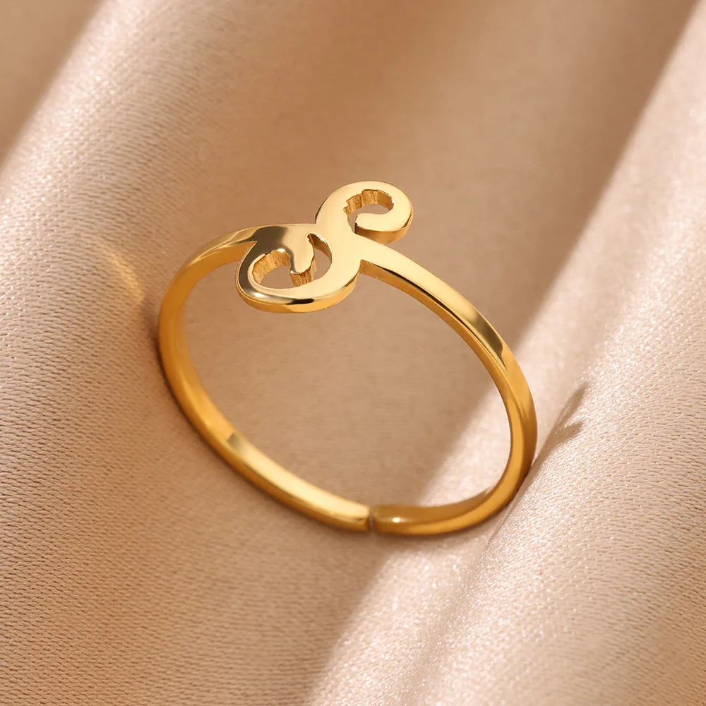 Initial Letter Rings for Women, Gold Color Adjustable A-Z Ring