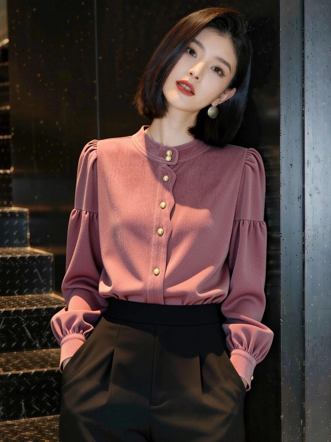 

Spring 2026 Ladylike Sle Long Sve Bubble Sve irt Metal Button Slimming Versatile Women's Top Commute Korean Stan...
