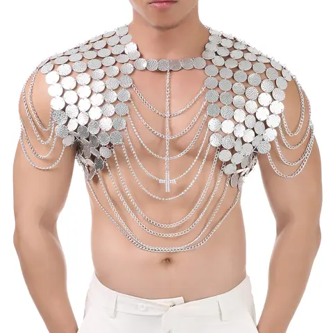 Unisex Sexy Rave Accessory Shiny Crop Top Faux Leather Chain Open Chest Clothes Men's Fetish Sissy Erotic Costume Clubwear