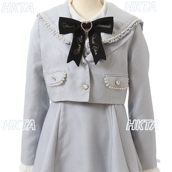 

Production Navy Neck Plaid Bow Fold Long Sleeves High Waist Top Jackets Women Sweet Lolita Autumn Light Blue Short Coats Female