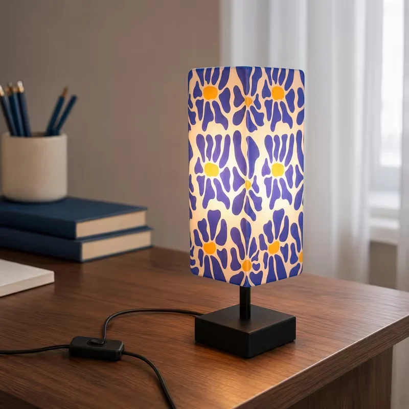 Modern Colorful Floral Table Lamp Pop Art Bedside Nightstand Lamp Warm Diffused Light Effortless Control Compact Stable Base With Blue Yellow Printed Fabric Shade Decorative Accent Desk Light For Bedroom Living Room Dorm Office & Home Decor view 8