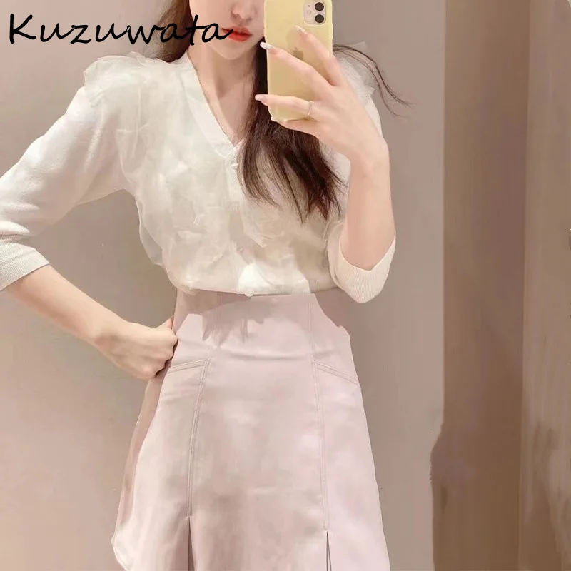 Kuzuwata 2024 Japanese V Neck Pull Femme Knitted Pullover Ruffles Mesh Patchwork Solid Color Jumpers Long Sleeve Slim Sweaters