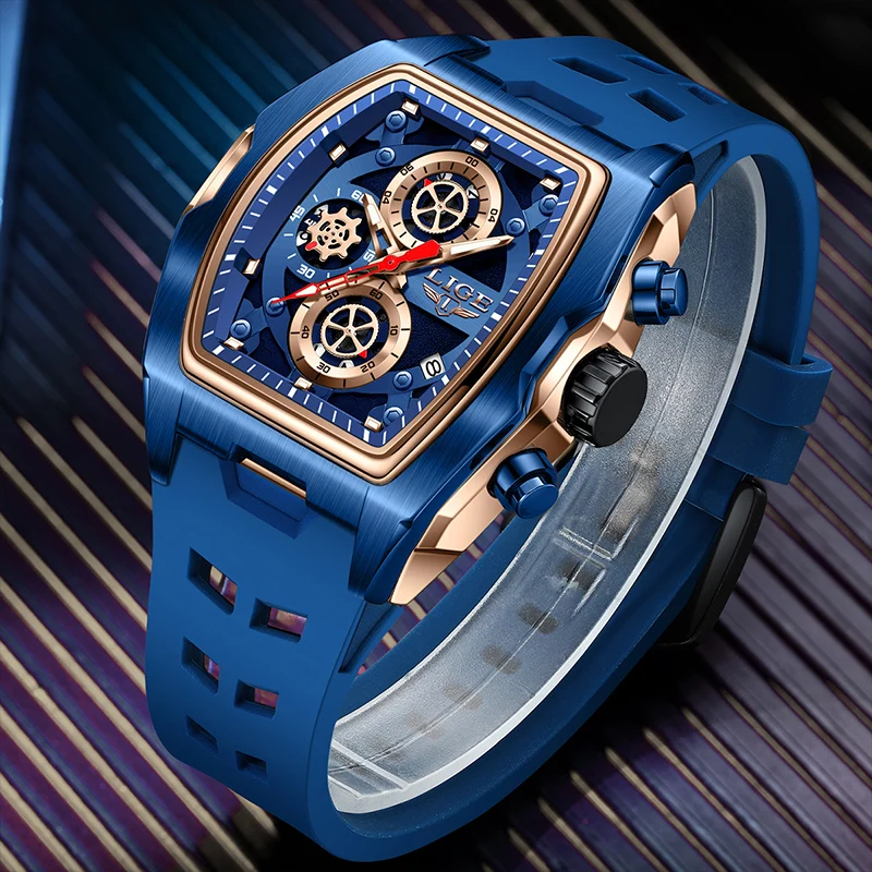 LIGE 2026 mens wristwatch Fashion Silicone Square Men Watches Luxury military watches men Waterproof Chronograph watches for men