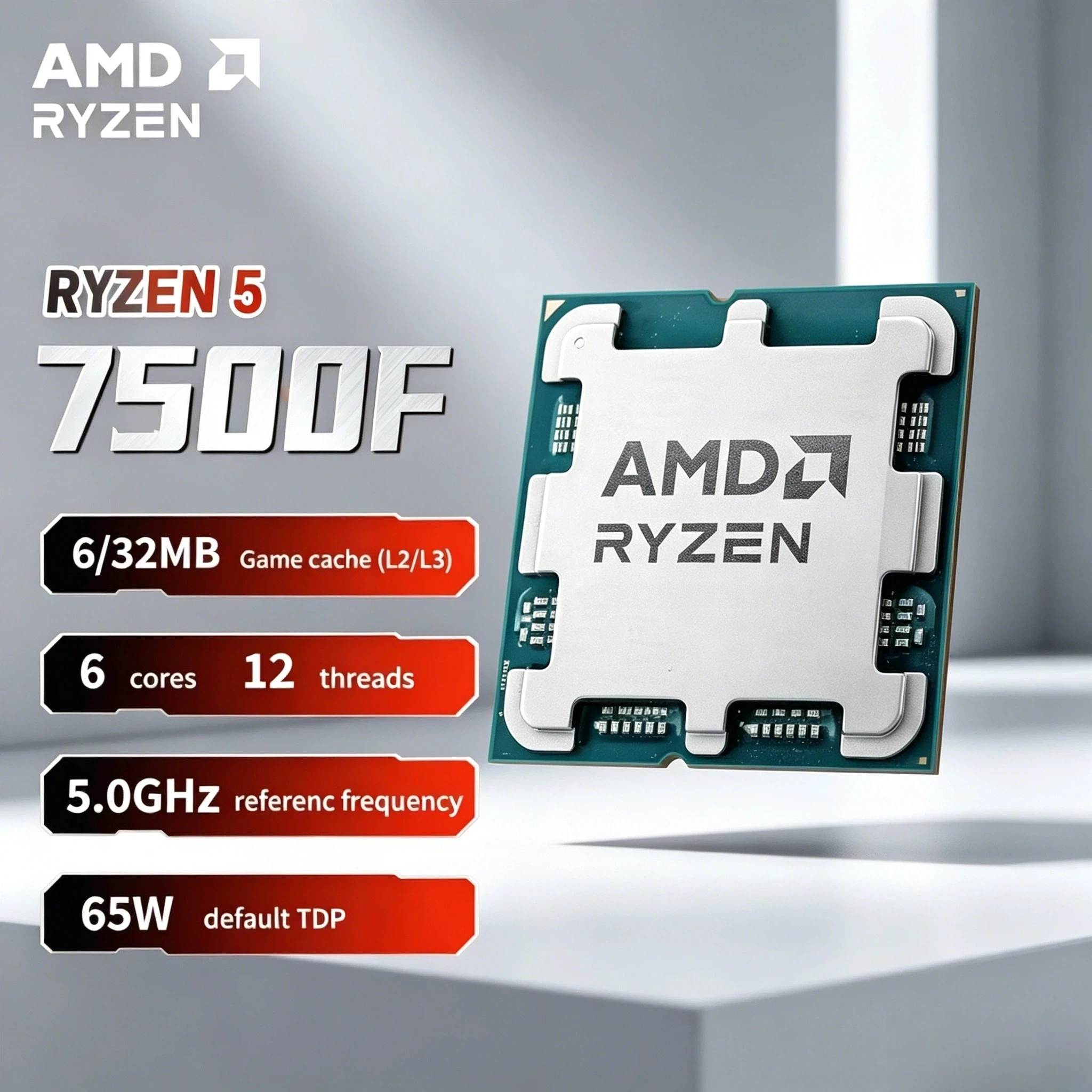 Procesador AMD Ryzen 5 7500F de 6 Núcleos y 12 Subprocesos, 3.7GHz, L3 32M, DDR5, 5NM, Socket AM5, 65W, R5 7500F Nuevo Ultra 4K Fast Pro Max Plus