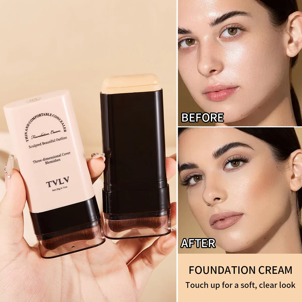 Eraser Foundation Stick with Brush,Velvet Moist Light Concealer Foundation Cream Stick Long-lasting Flawless Face Beauty Makeup