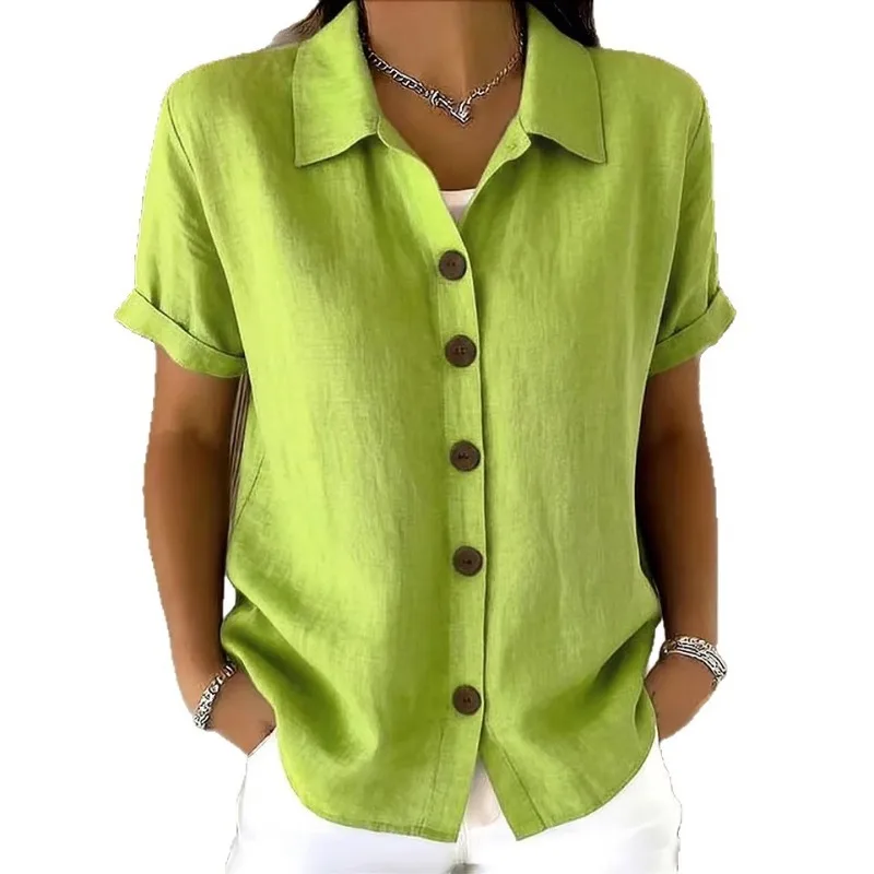 

Women's Linen Blend Button Down Shirt Short Sleeve Casual Solid Color Blouse with Pockets