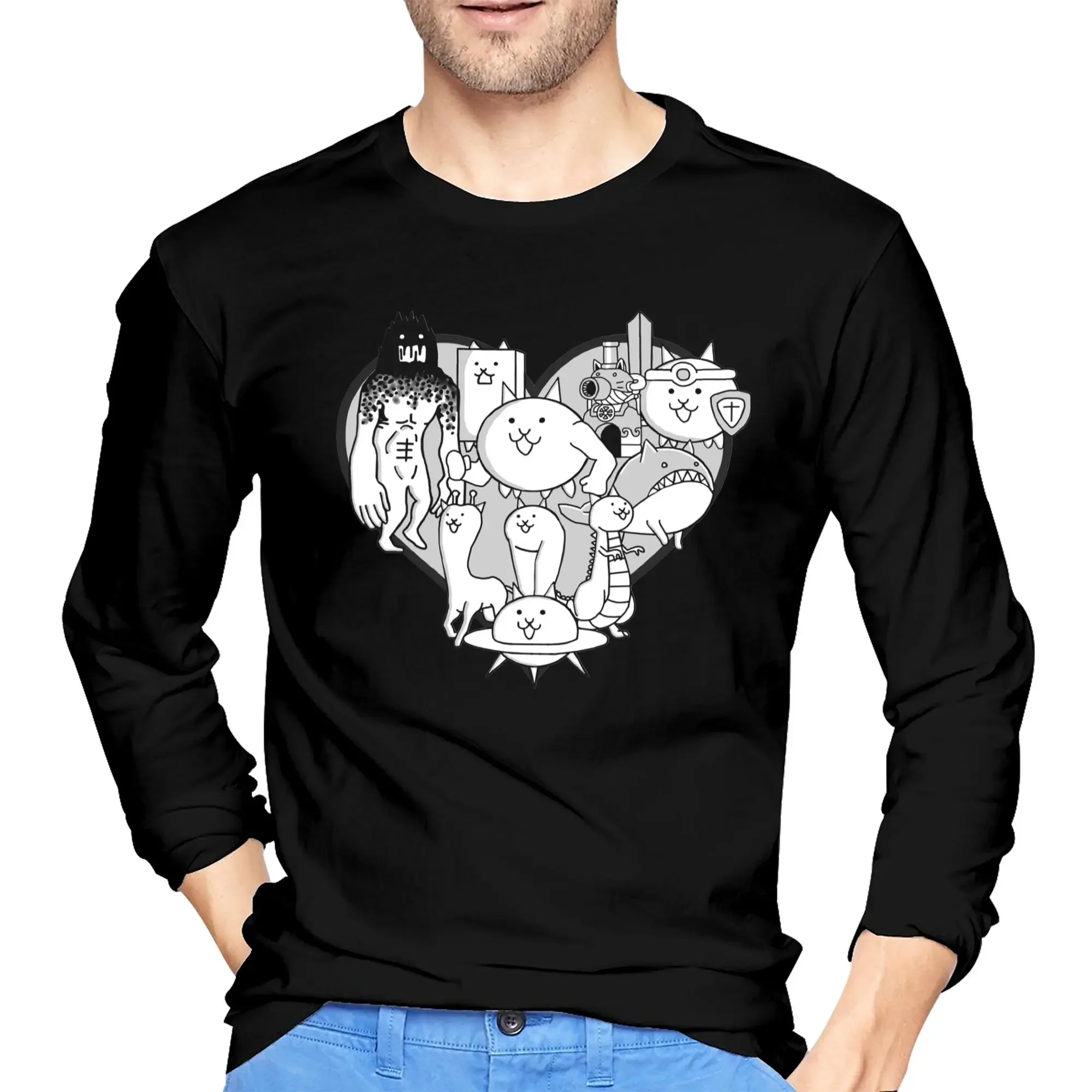 

Battle Cats Evolved Cats Mural Men's Long Sleeved T-shirt Fashion Round Neck T shirts Spring and Autumn Men tops