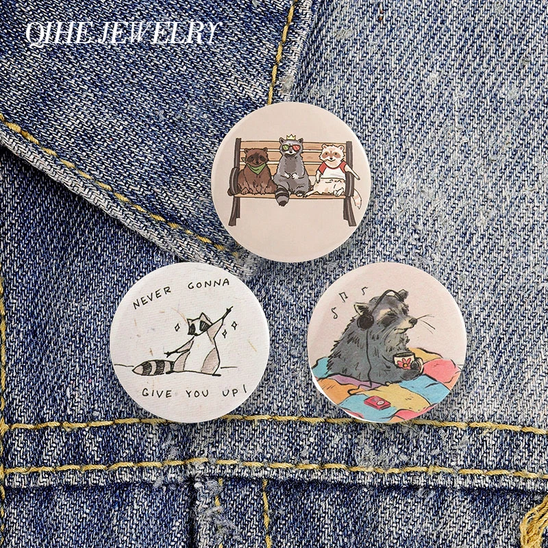 Cute Comic Raccoon Meme Badge Tinplate Soft Button Pin Never Gonna Give You Up Listening To Music Dancing Raccoon Brooch Badge