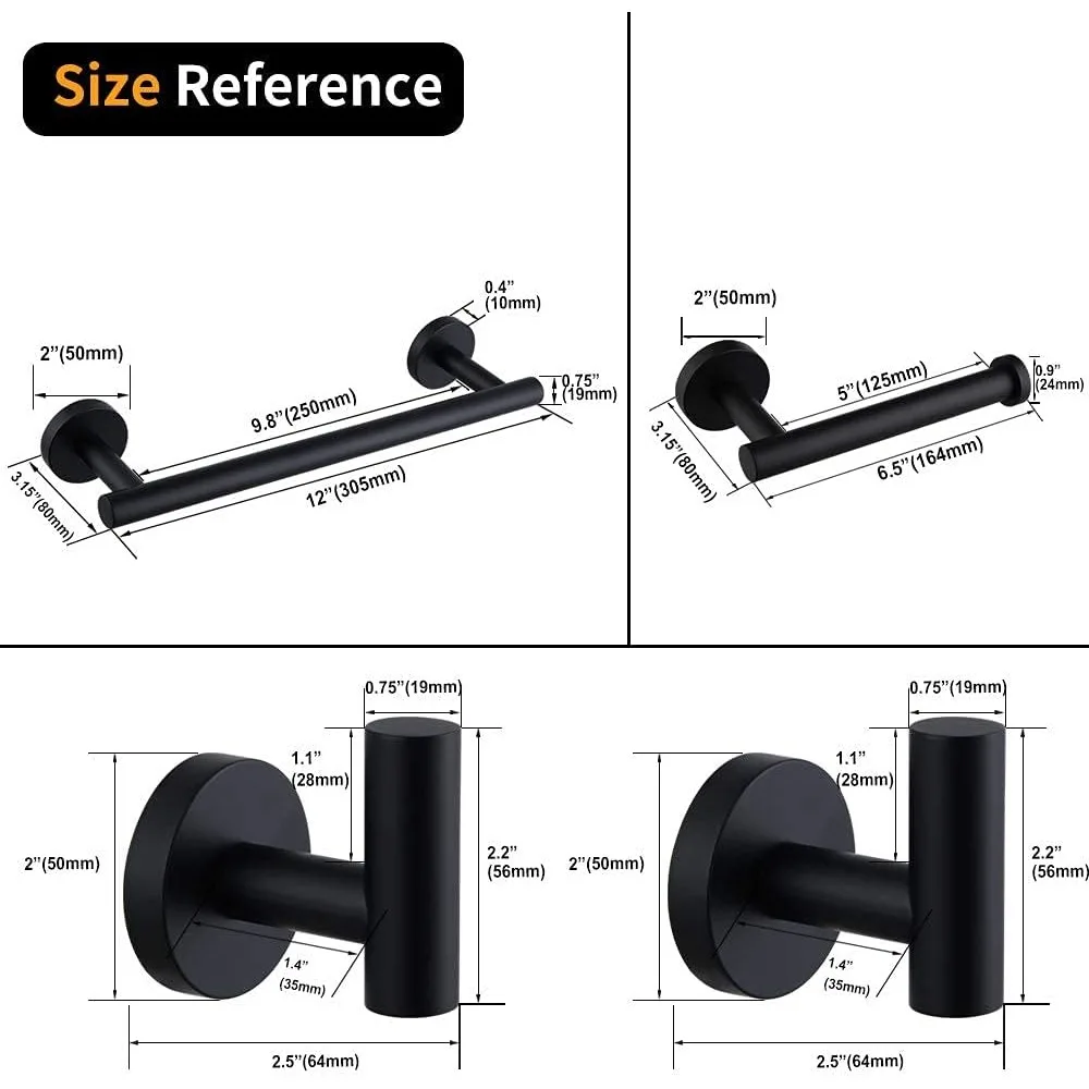 طقم إكسسوار حمام مكون من 4 قطع من الفولاذ المقاوم للصدأ مع قضيب منشفة، SUS304، مثبت على الحائط، أسود غير لامع حديث #6