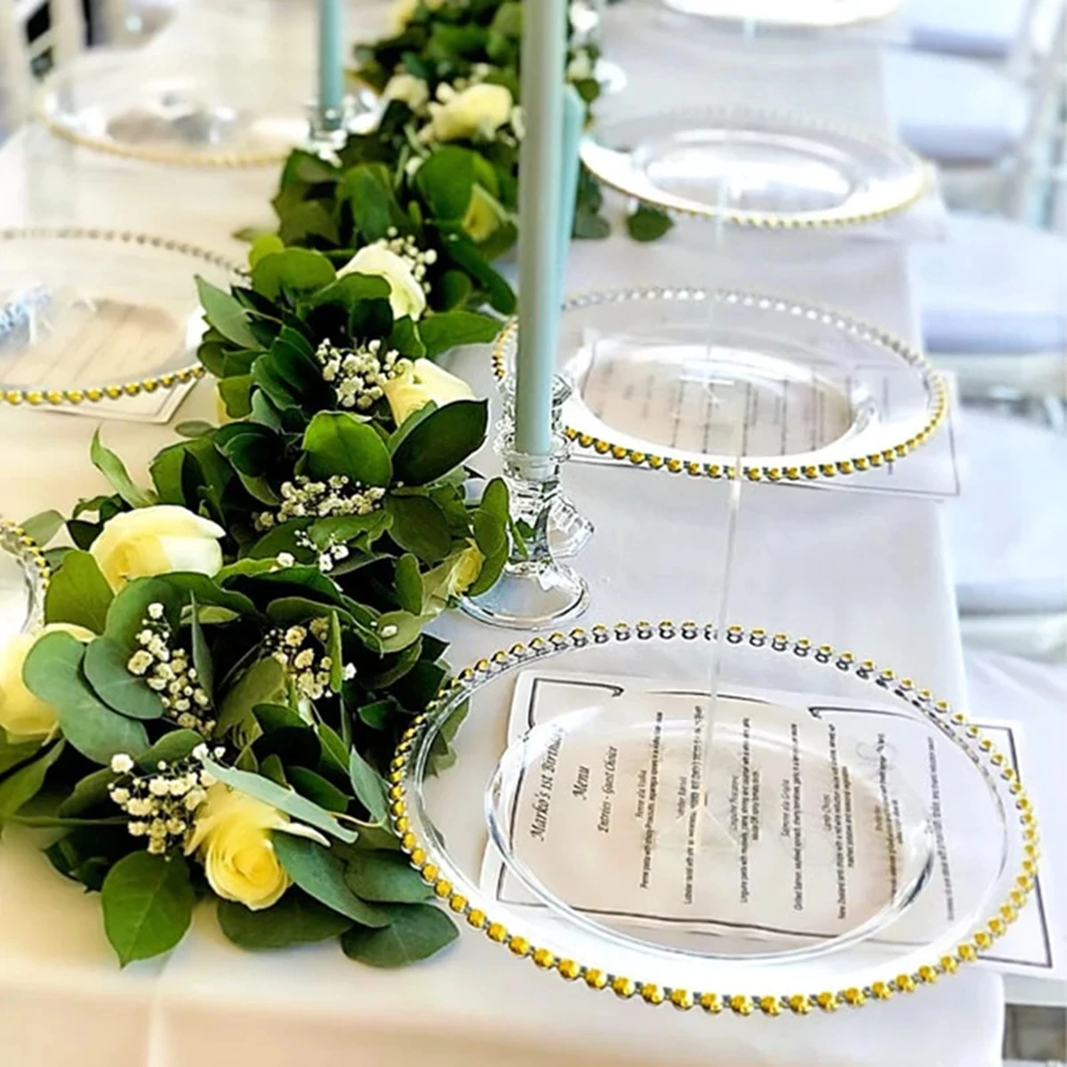 100pcs)Gold Acrylic Plastic Beaded Rim Charger Plates ( not glass charger plate) for wedding table centerpieces