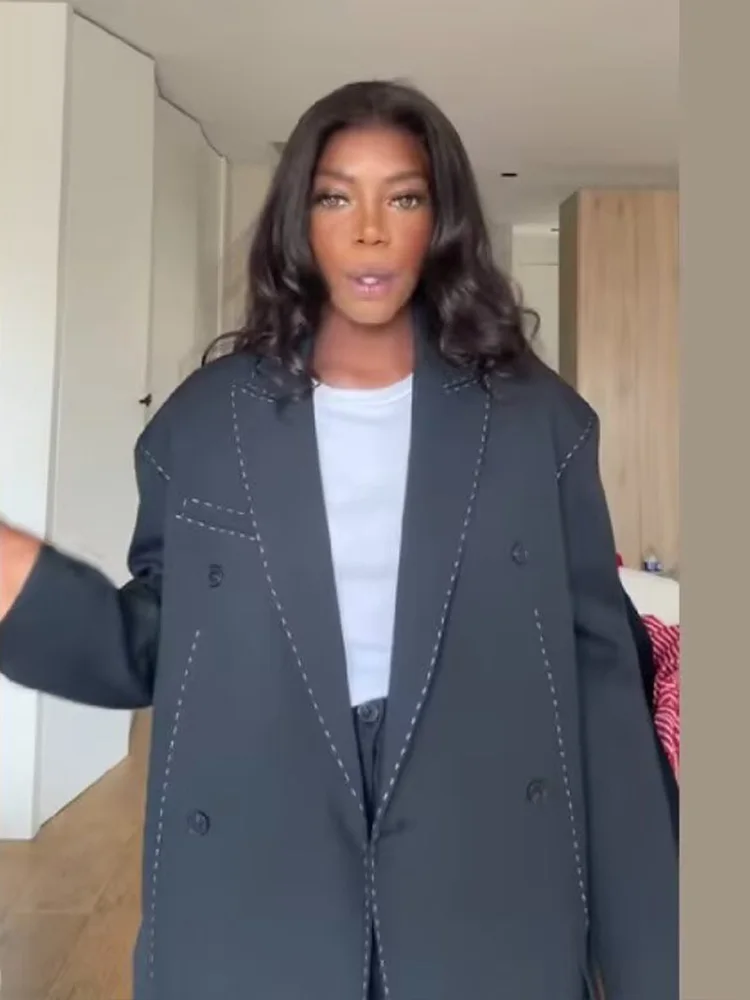 Żakiet damski w stylu streetwear, jednolity kolor, długi rękaw, dwurzędowy, wiosenny, z kieszeniami, kołnierzyk wykładany, modny.