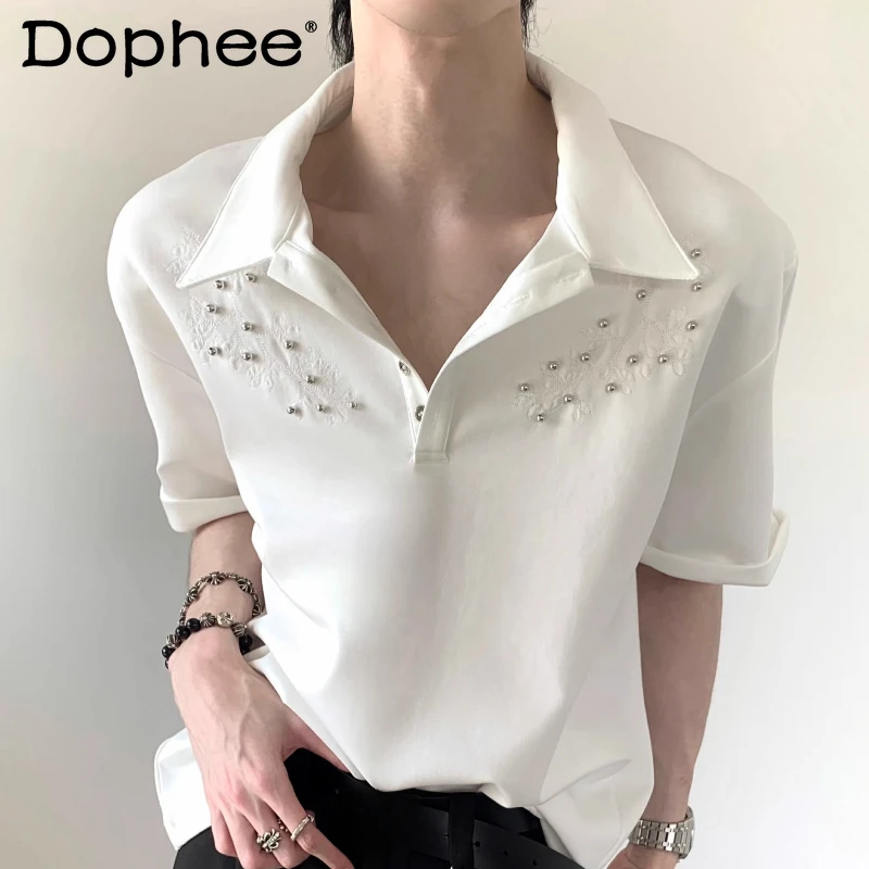 

Men's 2025 Summer New High-end Tops Male Loose Handsome Lapel Trendy T-shirts Men's Niche Rivet Design Short-sleeve Polo Shirts