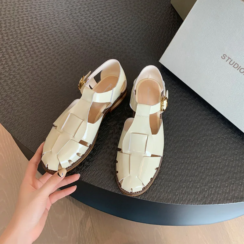 Low Sandals Woman Leather Low-heeled Slides Fabric Rubber Buckle Strap Hoof Heels Low Sandals Woman Leather Low-heeled Slides Ho