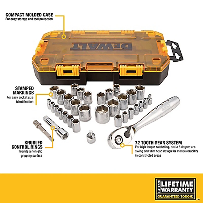 DEWALT 1/4 in and 3/8 in 34pcs Drive Socket Set Ratchet Set With Carrying Case Car Repair Tool Hand Tools DWMT73804