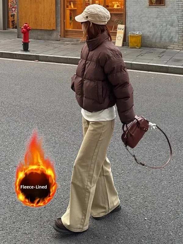 

Khaki Fce Lined Wide Leg Jeans Women's Thiened Warm Loose Fit Spring New Sle Casual Low Waist ket Detail Jeans