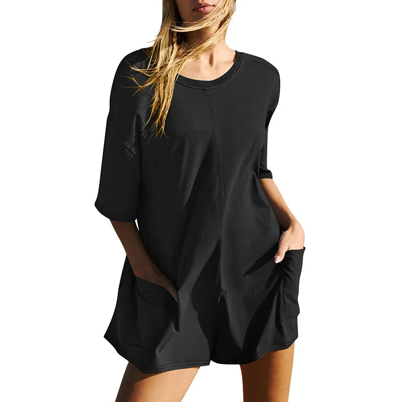 Women's 2024 Summer New Women's Short Sleeve Backless V-Neck Loose Casual Pocket Jumpsuit