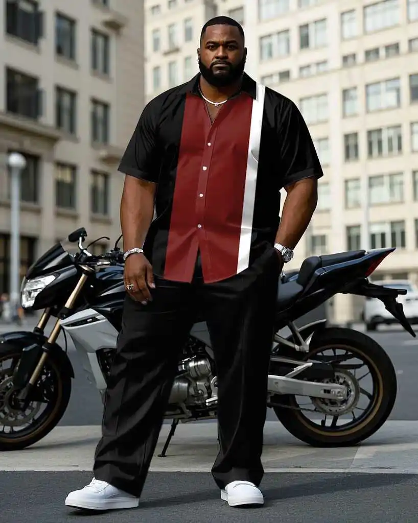 

S-9XL Plus Size Men's Color Block & Panel Print Shirt & Pants Set, Multi-Color Casual 2-Piece Summer Outfit Collection