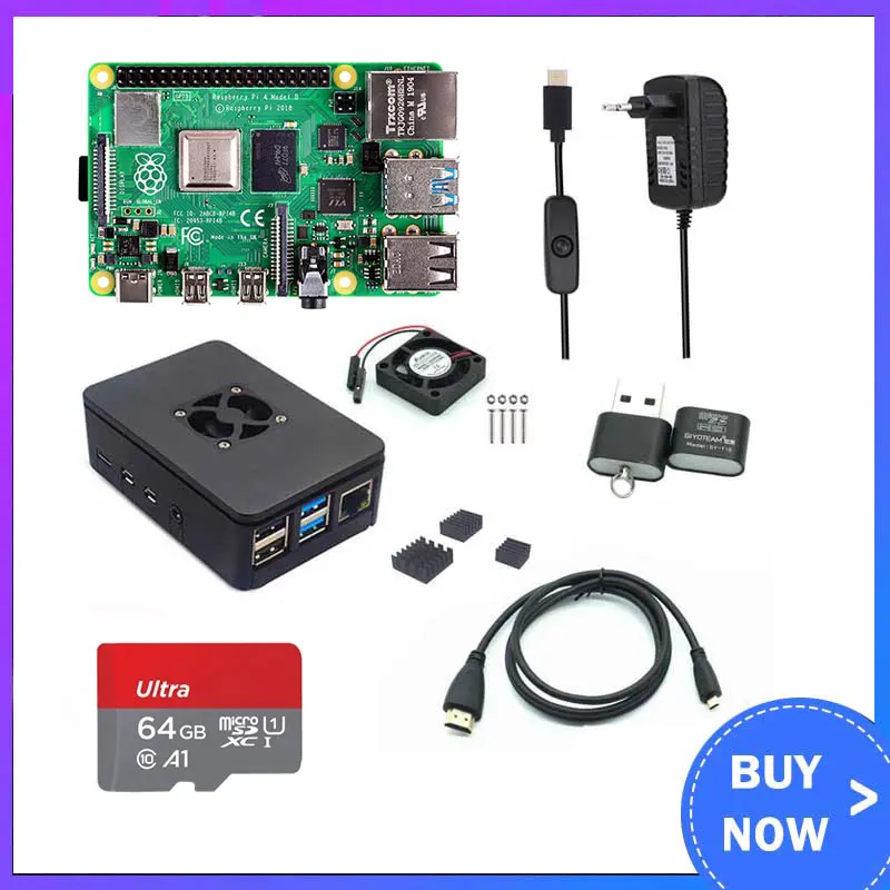 New: Raspberry Pi 4 Model B 2/4/8GB RAM + Case + Fan + Heat Sink + Power Adapter + 32/64 GB SD Card +HDMI-compatible Cable for