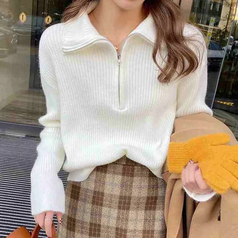 

Knitted Sweater Women Pullovers New Long Sleeve Turn Down Collar Knit Sweater Pullover Women Tops Sweaters Sueter Feminino