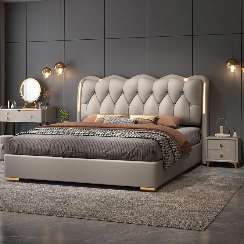 Cama Italiana de Cuero Genuino de Lujo Ligero, Cama Doble Moderna para Dormitorio Principal, Cama de Matrimonio de Alta Gama, Muebles de Dormitorio