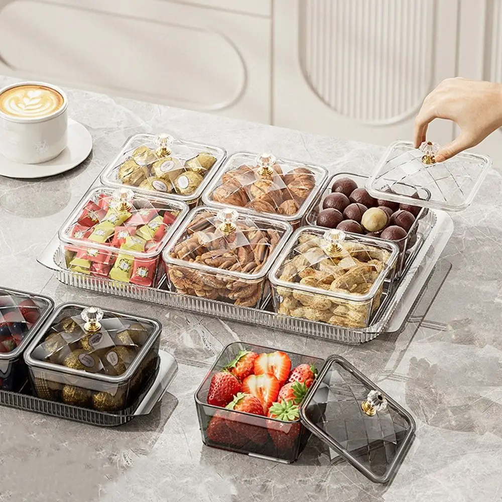 

2/4/6 Grids Fruit Plate Partition Platter Plastic Dustproof Snack Dessert Tray with Lid Anti-slip Dried Fruit Tray Living Room