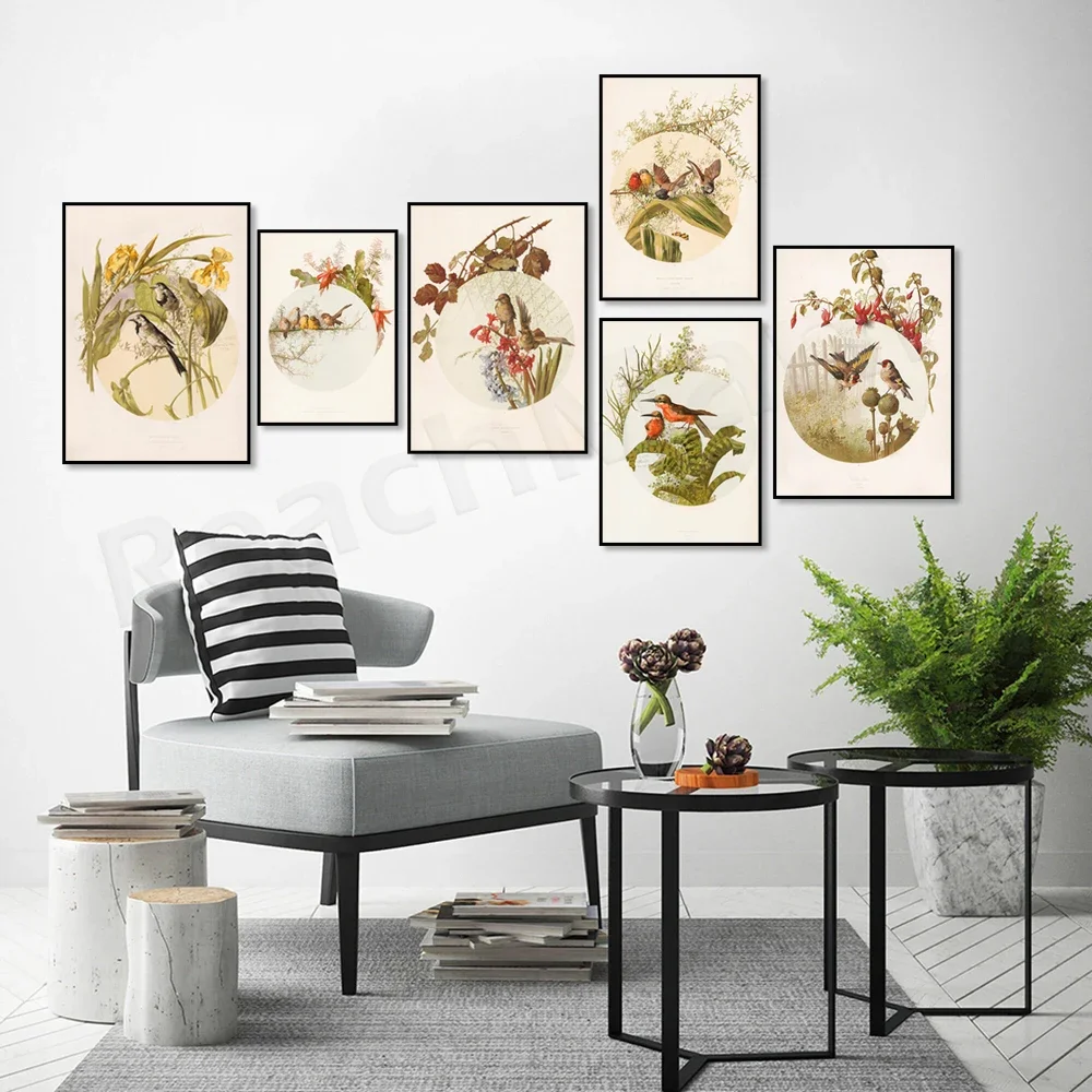 Garden birds poster, goldfinch bird, beaked warbler bird and hyacinth flower, four bengal birds, audubon bird print decoration,