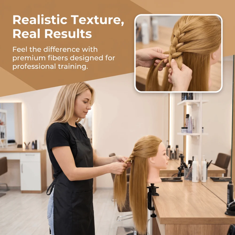 Langlebiger, synthetischer Übungskopf für Erwachsene, Modell mit langen Haaren, ideal für Friseurausbildung, natürliche Frisuren, zum Flechten von Haaren, Unisex. – Detail 11