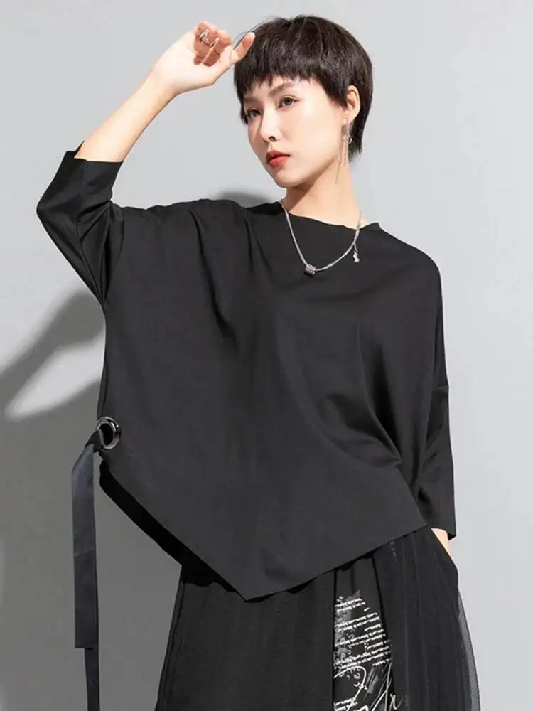 

Black Ribbon Big Women Size T-shirt New Round Neck Three-quarter Batwing Sleeve Fashion Spring Autumn 2026 1DF