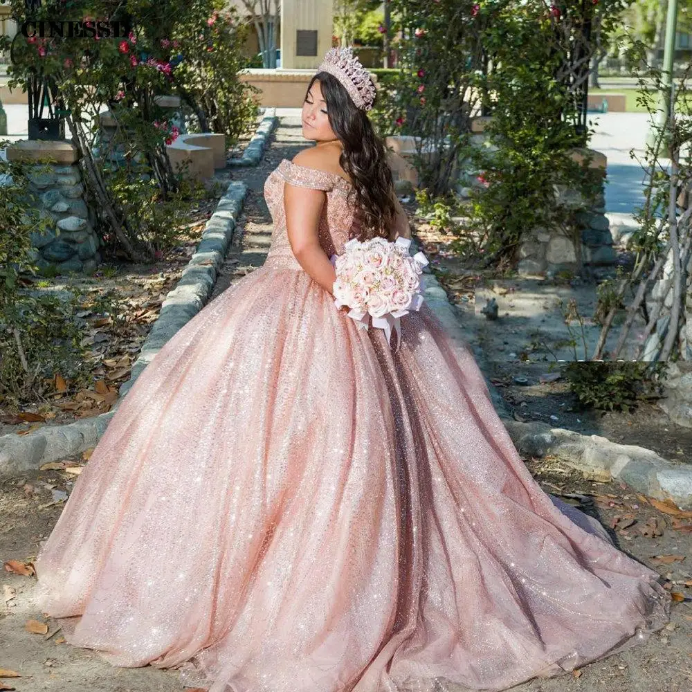 Roze Kralen Kristal Plus Size Baljurk Quinceanera Jurken Sprankelende Tule Off The Shoulder Sweet 16 Dress Prom Party Dress