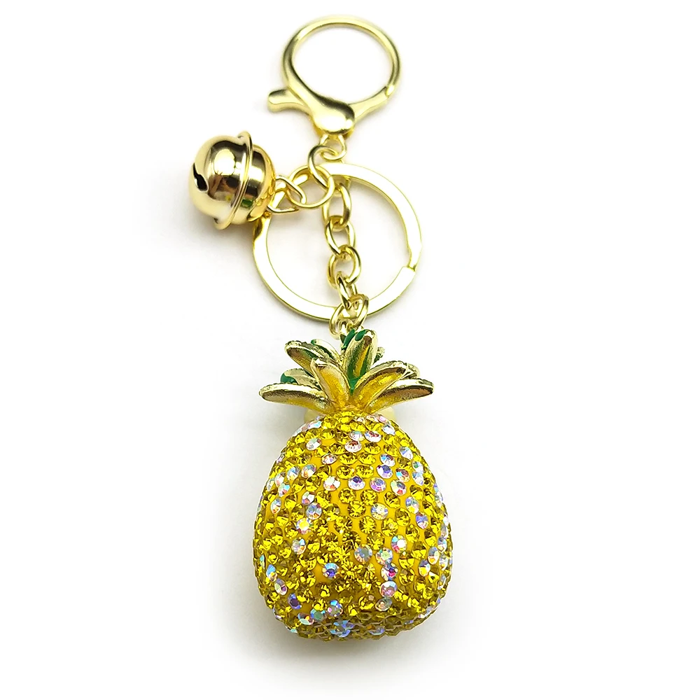 Blingbling Big Yellow Pineapple Keychain For Women Men Glitter Rhinestone Small Bell Sweet Fruits Bag Charms Keyholder Jewelry