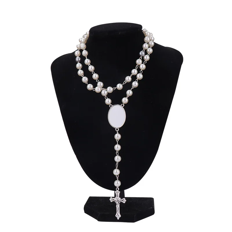 

Free shipping 20pcs/lot White/Black Sublimation Blanks Rosary Beads Necklace Set For Baptism Women Men Jewelry Gifts DIY Making