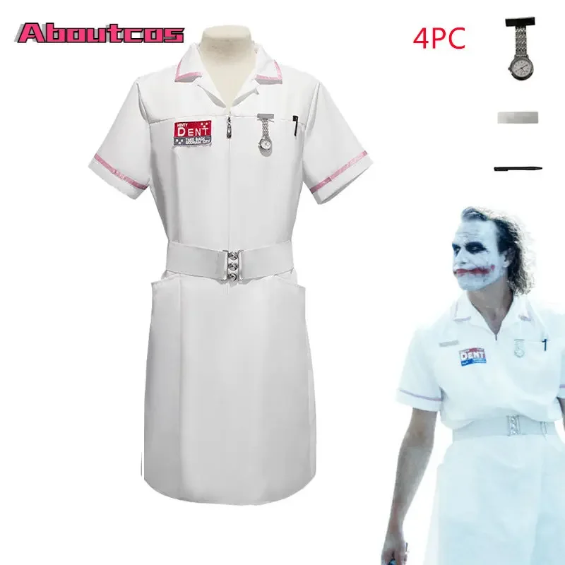 2025 New Aboutcos Scary Movie Halloween Costumes for Adult Man Clown Nurse Costume Uniform Joker White Dress abc