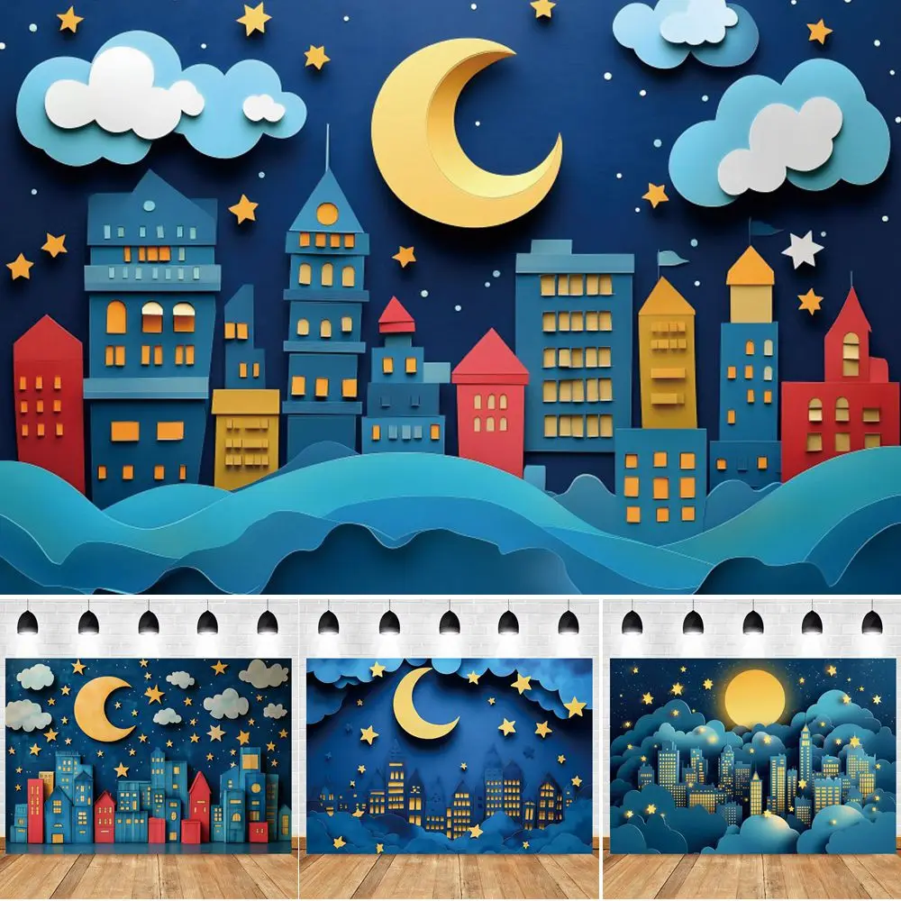 

Night City Buildings Backdrop Moon Stars Baby Shower Kids Birthday Party Decoration Photography Background Photo Studio Props