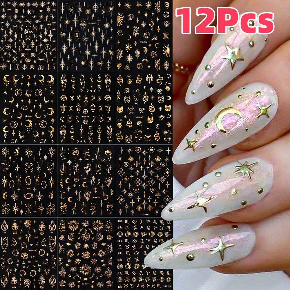 12 Teile/satz 3D Gold Stern Mond Sonne Nagel Aufkleber Schlange Geometrie Linien Selbstklebende Nagel Aufkleber Y2K Staright Maniküre Zubehör *