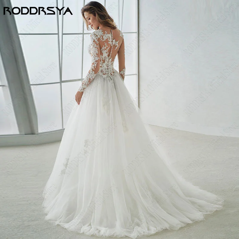 Roddrsya Hals Trouwjurken Voor Vrouwen Illusion Applicaties Vestido Casamento Boho Lace Tulle Sweep Trein Bruidsjurken Sexy